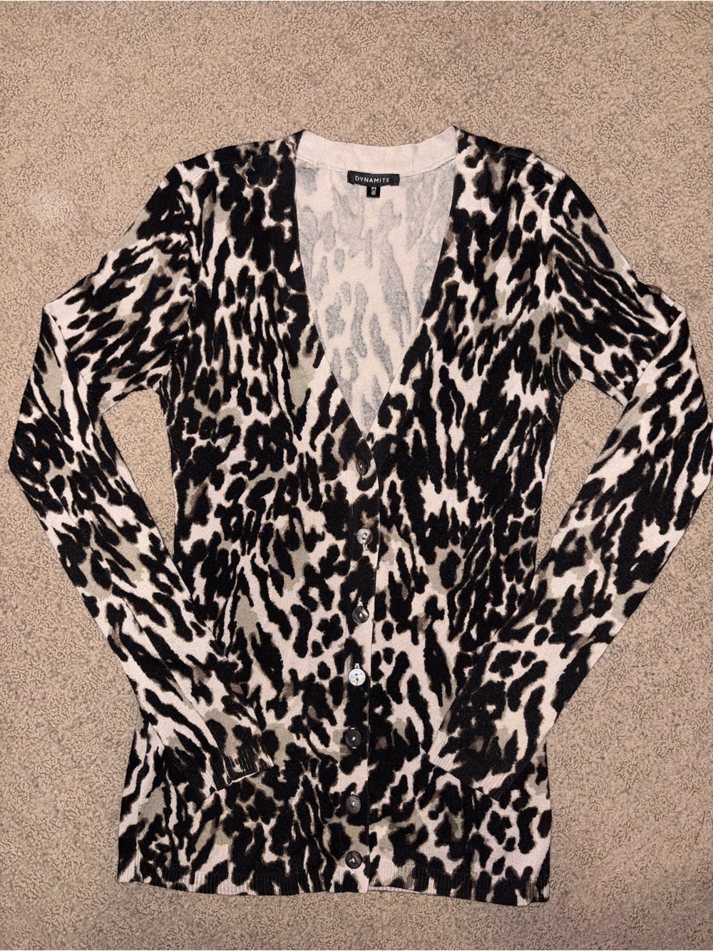 Dynamite Black & Cream Leopard-Print Button-Up Cardigan,Women’s Size S. Like New